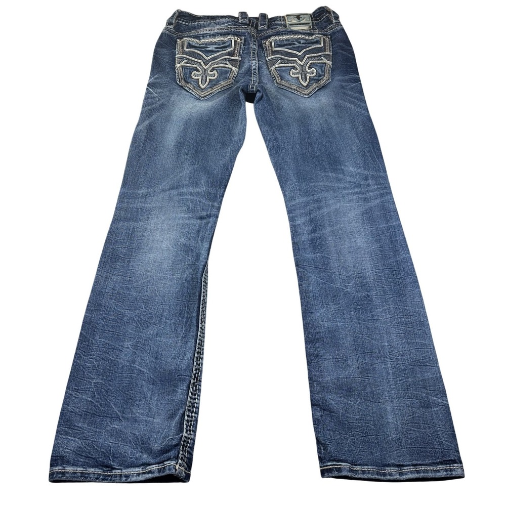 Rock Revival Tymek Slim Boot Jeans Mens 31x32 Blue Med Wash Embroidered Denim